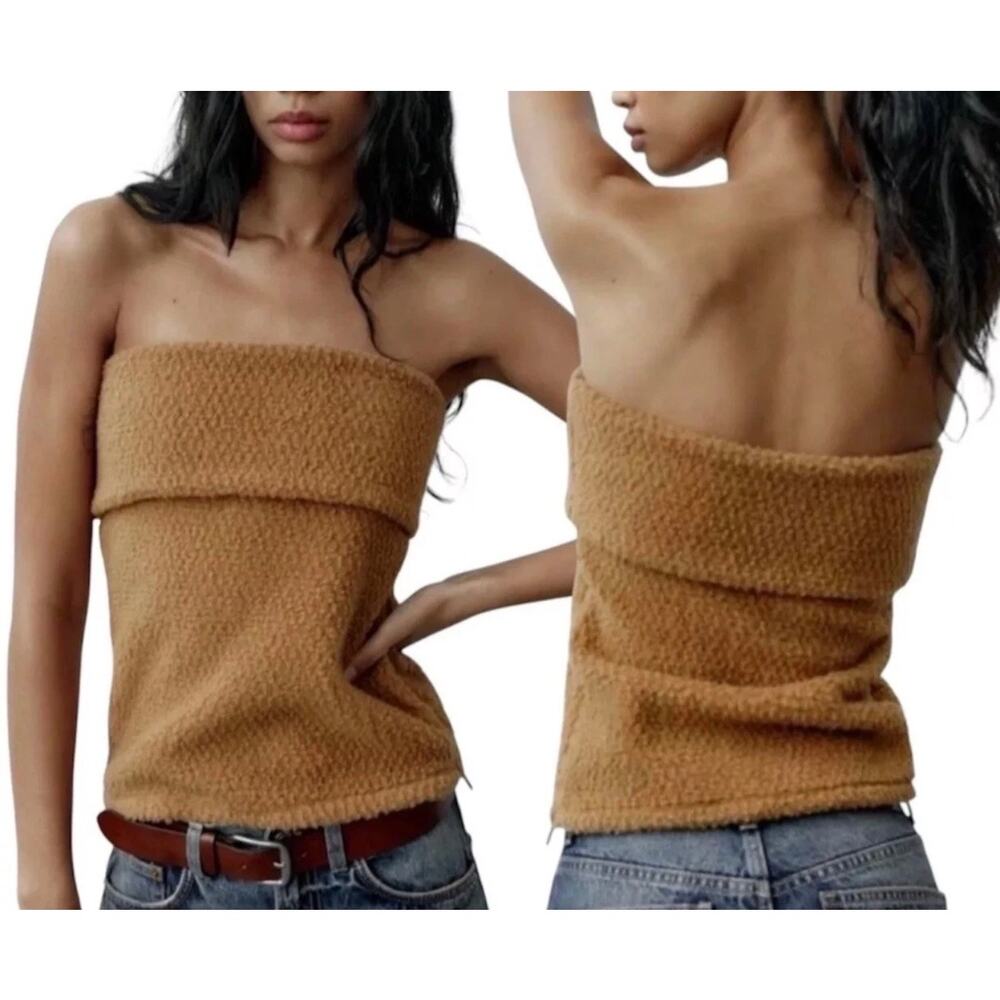 Zara Teddy Textured Strapless Bandeau Top Camel Brown Size Medium 8827/327/700